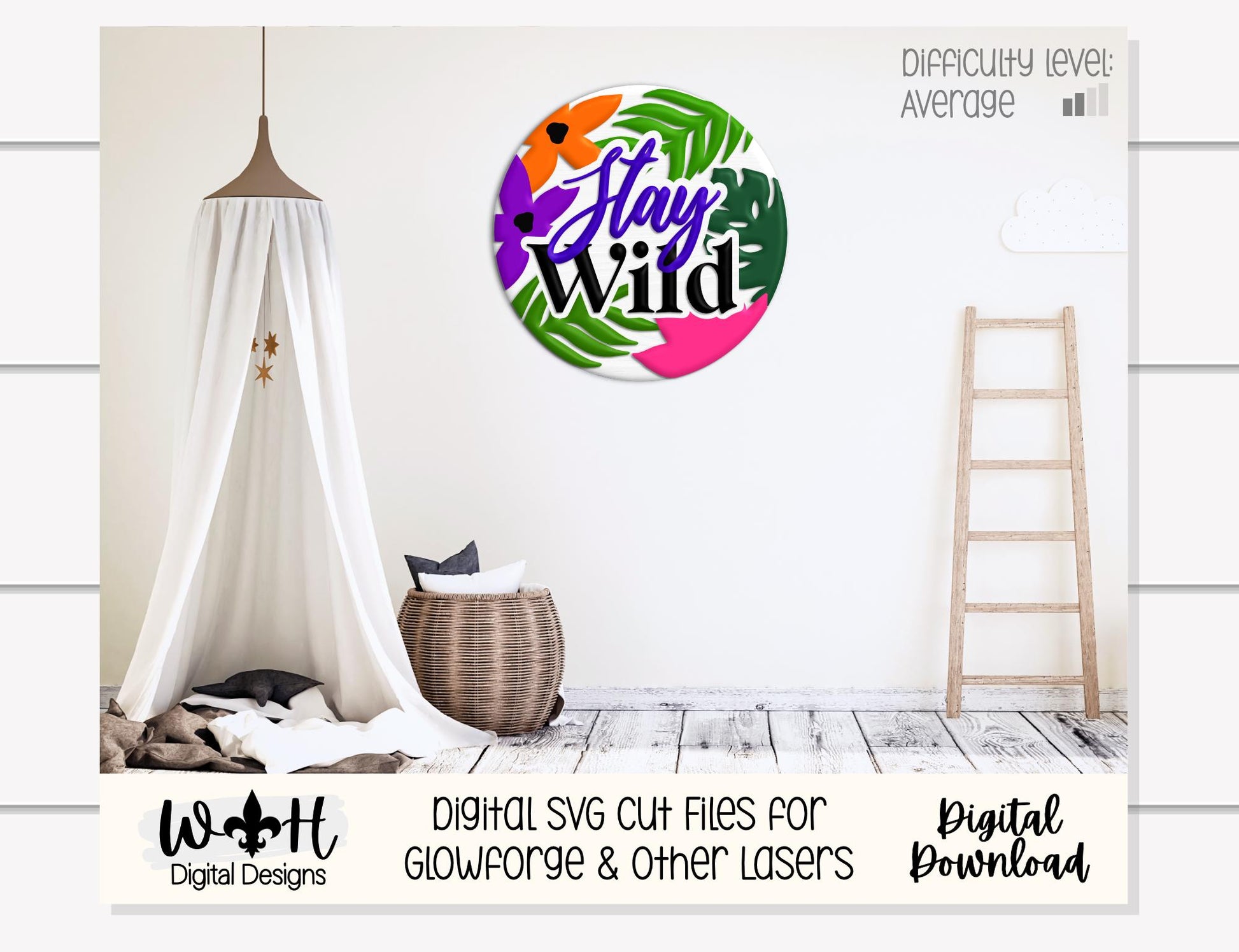 Stay Wild Jungle Round - Summer Door Hanger - Laser Cut Florals - Sign Making and DIY Kits - File For Glowforge Lasers - Digital SVG Files
