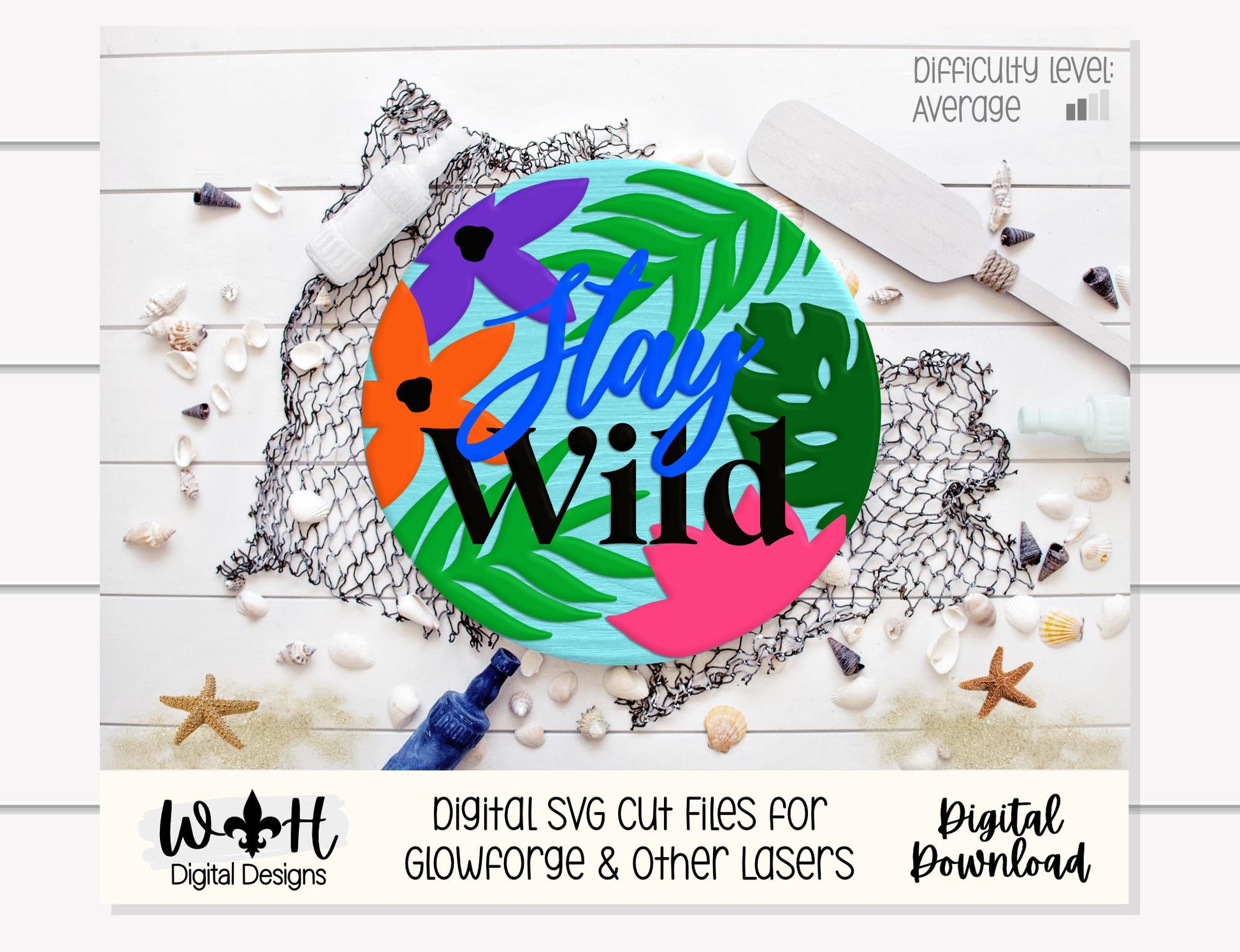 Stay Wild Jungle Round - Summer Door Hanger - Laser Cut Florals - Sign Making and DIY Kits - File For Glowforge Lasers - Digital SVG Files