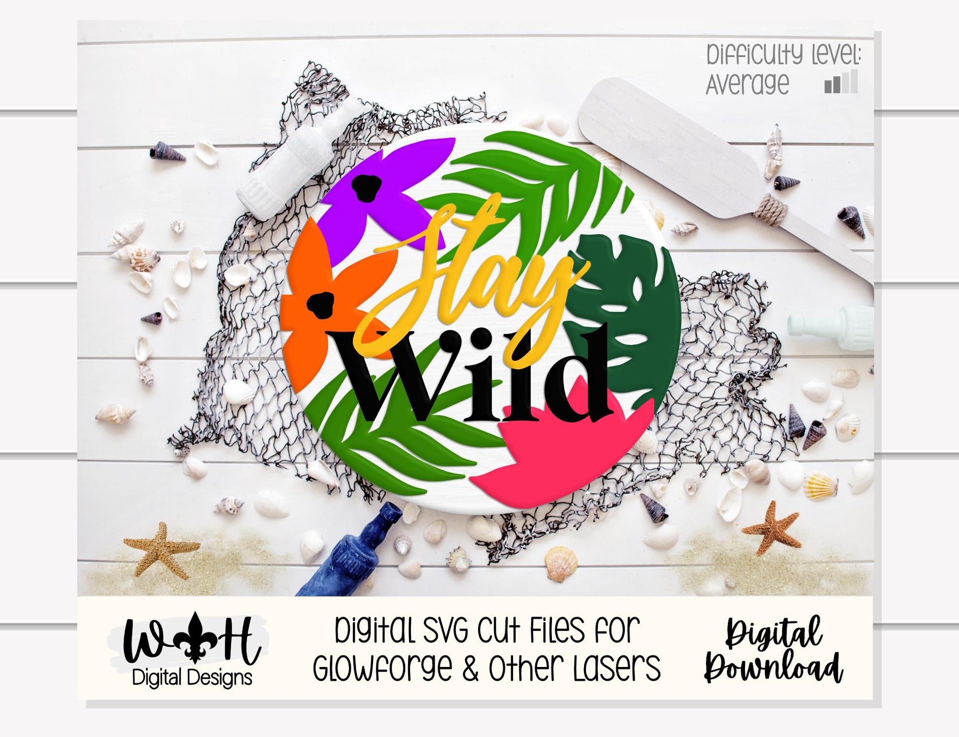 Stay Wild Jungle Round - Summer Door Hanger - Laser Cut Florals - Sign Making and DIY Kits - File For Glowforge Lasers - Digital SVG Files