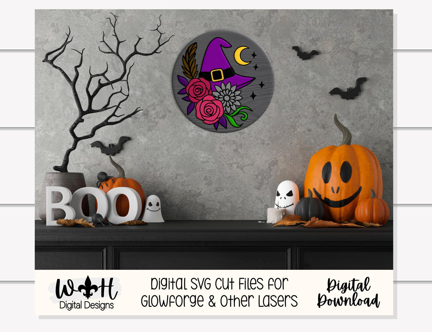 Whimsical Witch Hat Floral - Halloween Door Hanger - Seasonal Sign Making and DIY Kits - Cut File For Glowforge Lasers - Digital SVG File