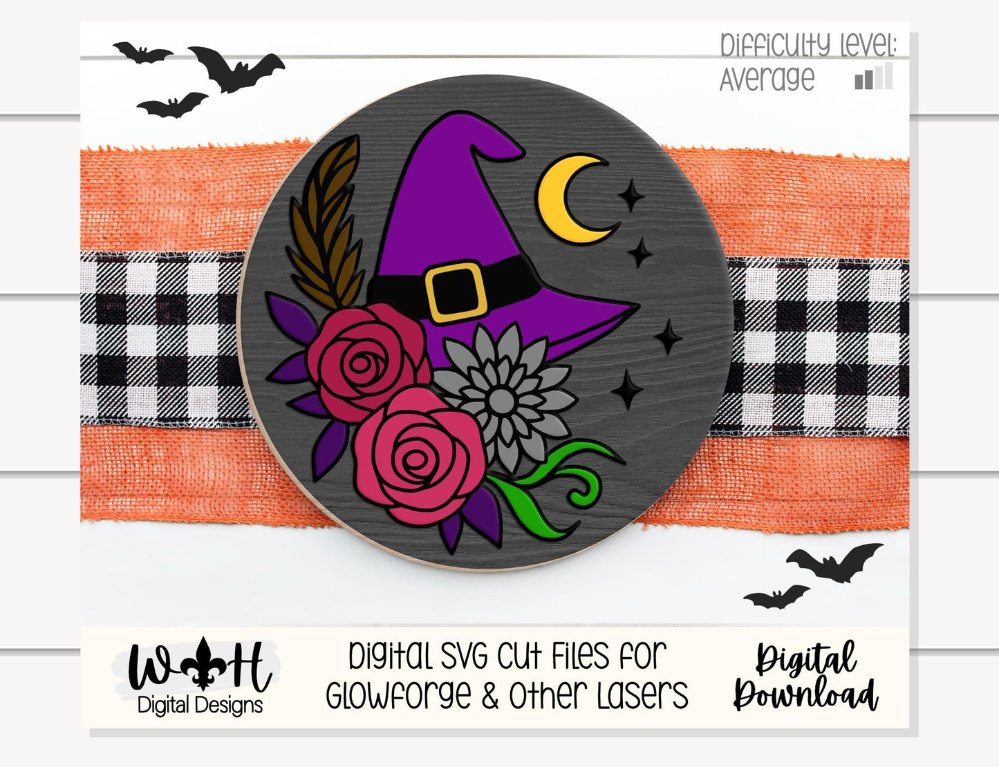 Whimsical Witch Hat Floral - Halloween Door Hanger - Seasonal Sign Making and DIY Kits - Cut File For Glowforge Lasers - Digital SVG File