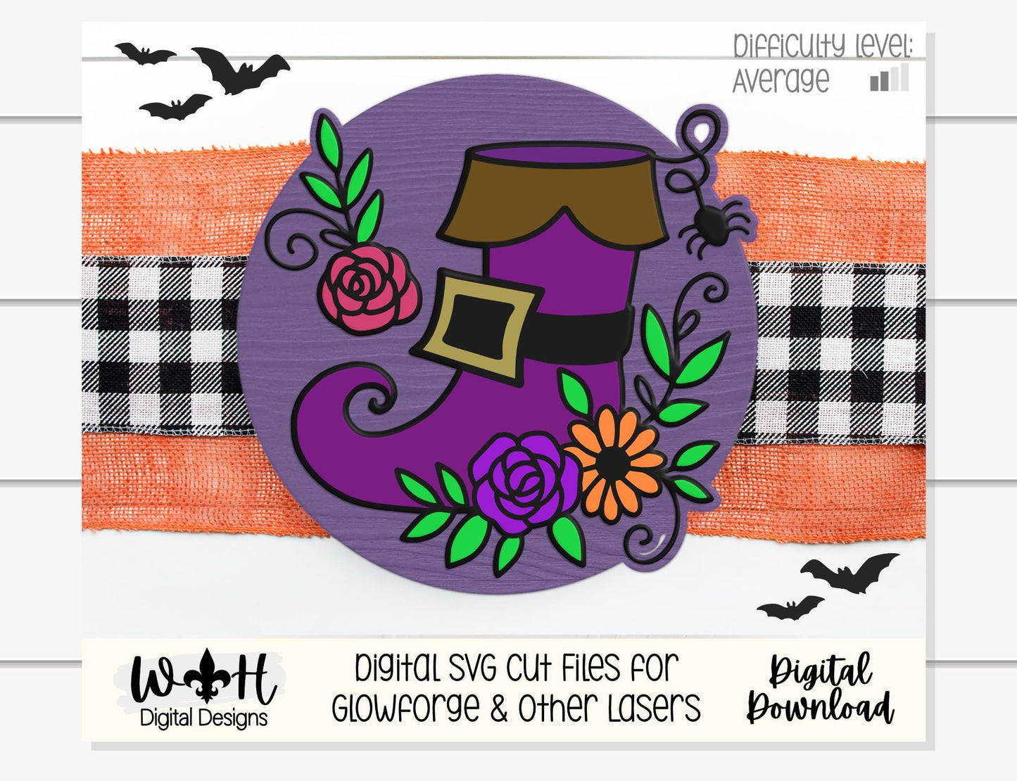 Whimsical Witch Boot Floral - Halloween Door Hanger - Seasonal Sign Making and DIY Kits - Cut File For Glowforge Lasers - Digital SVG File
