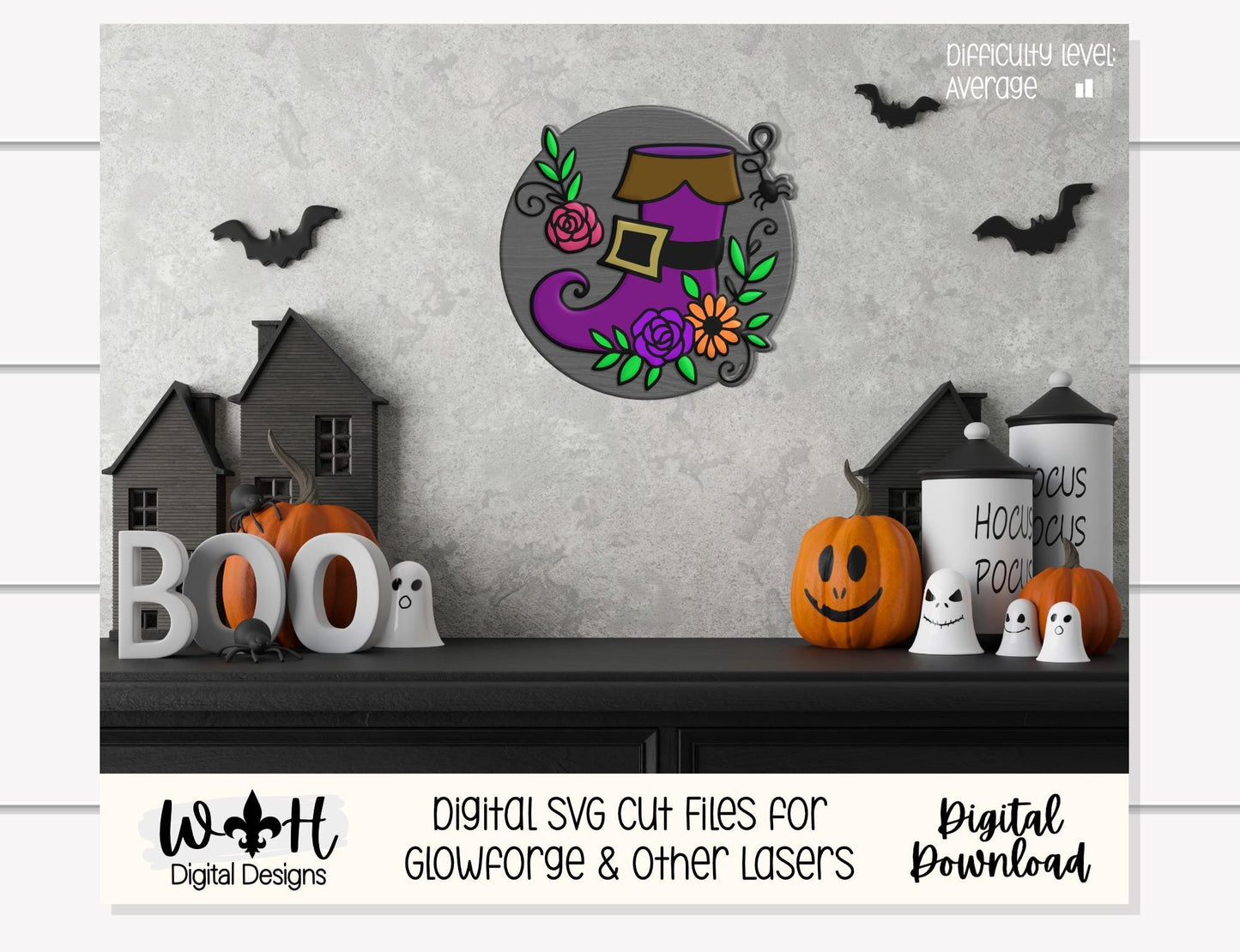 Whimsical Witch Boot Floral - Halloween Door Hanger - Seasonal Sign Making and DIY Kits - Cut File For Glowforge Lasers - Digital SVG File