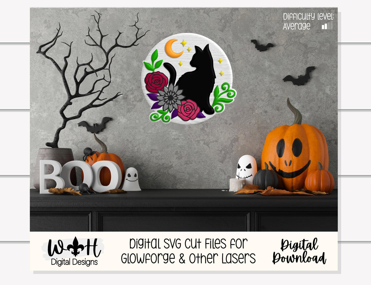 Whimsical Black Cat Floral - Halloween Door Hanger - Seasonal Sign Making and DIY Kits - Cut File For Glowforge Lasers - Digital SVG File