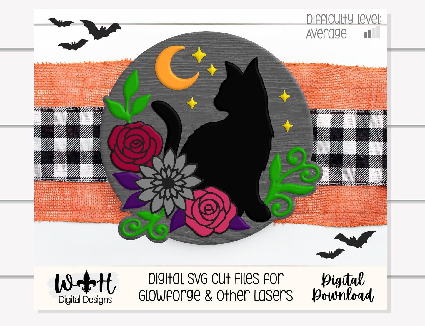 Whimsical Black Cat Floral - Halloween Door Hanger - Seasonal Sign Making and DIY Kits - Cut File For Glowforge Lasers - Digital SVG File