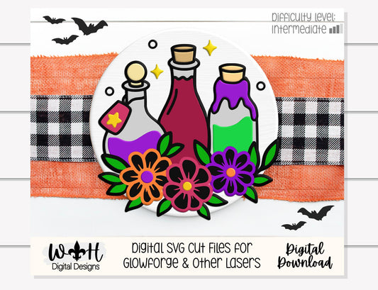 Whimsical Witchy Potions - Halloween Floral Door Hanger - Seasonal Round Sign Making and DIY Kits - Digital SVG Cut File For Glowforge Laser