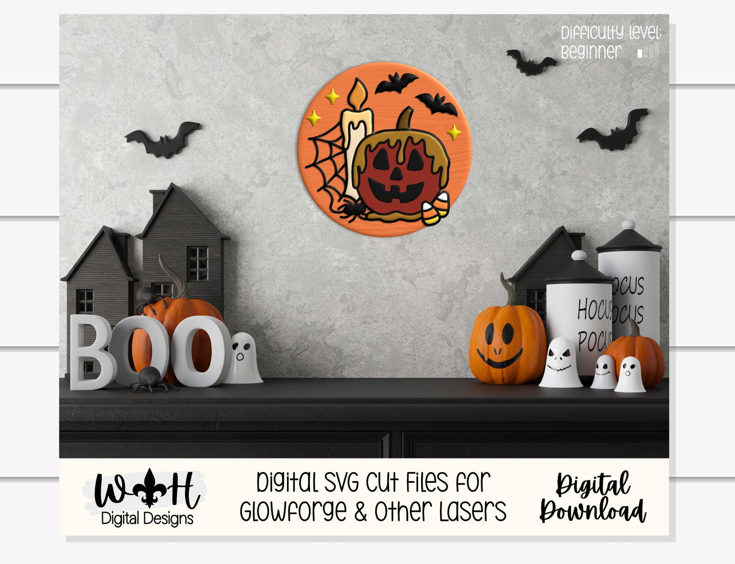 Tricks and Treats Caramel Apple Candle - Halloween Door Hanger Round - Sign Making and DIY Kits - Digital SVG Cut File For Glowforge Laser