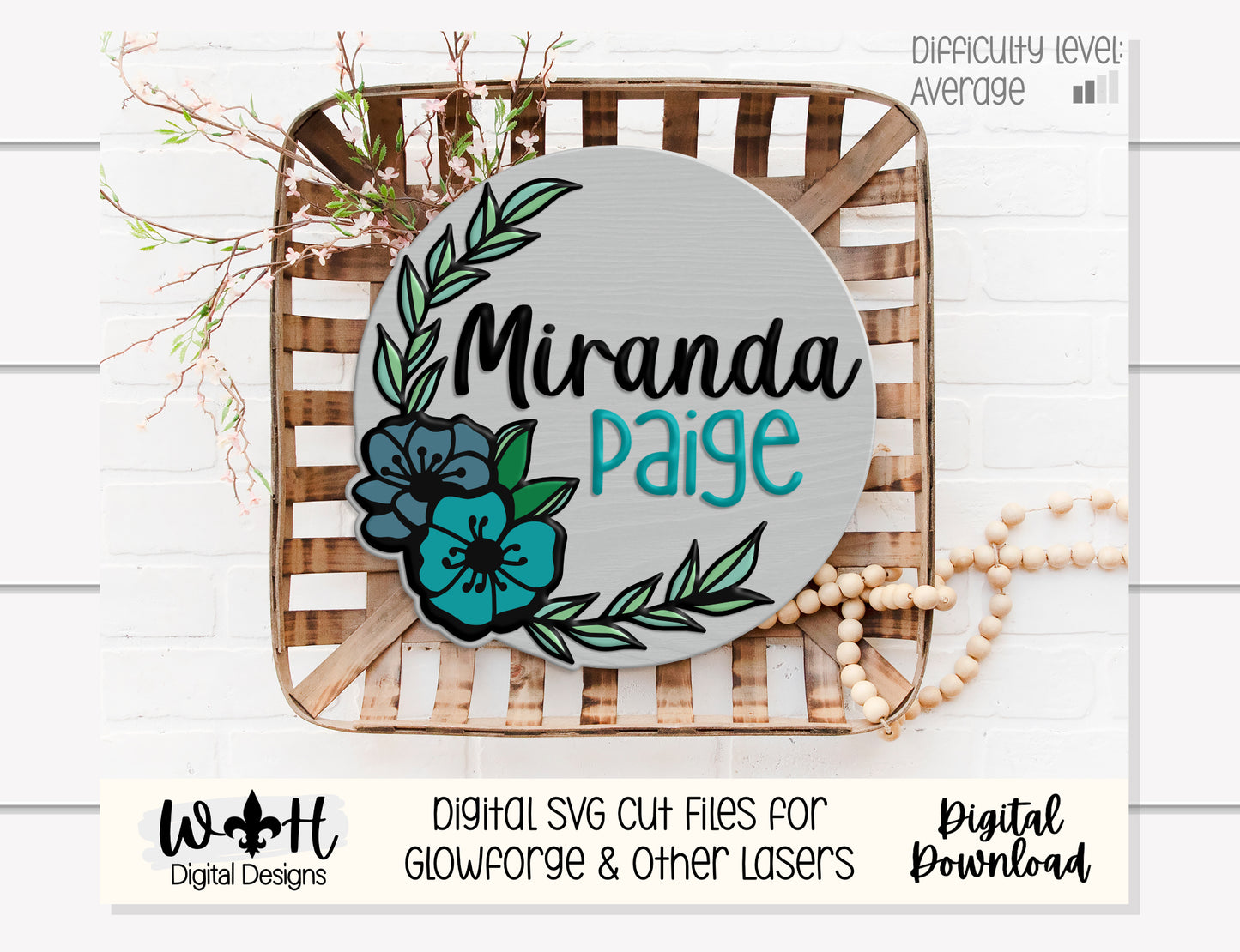 Miranda Paige Outline Floral - Door Hanger Rounds - Sign Making and DIY Kits - Offset Floral Cut File For Glowforge Laser - Digital SVG File