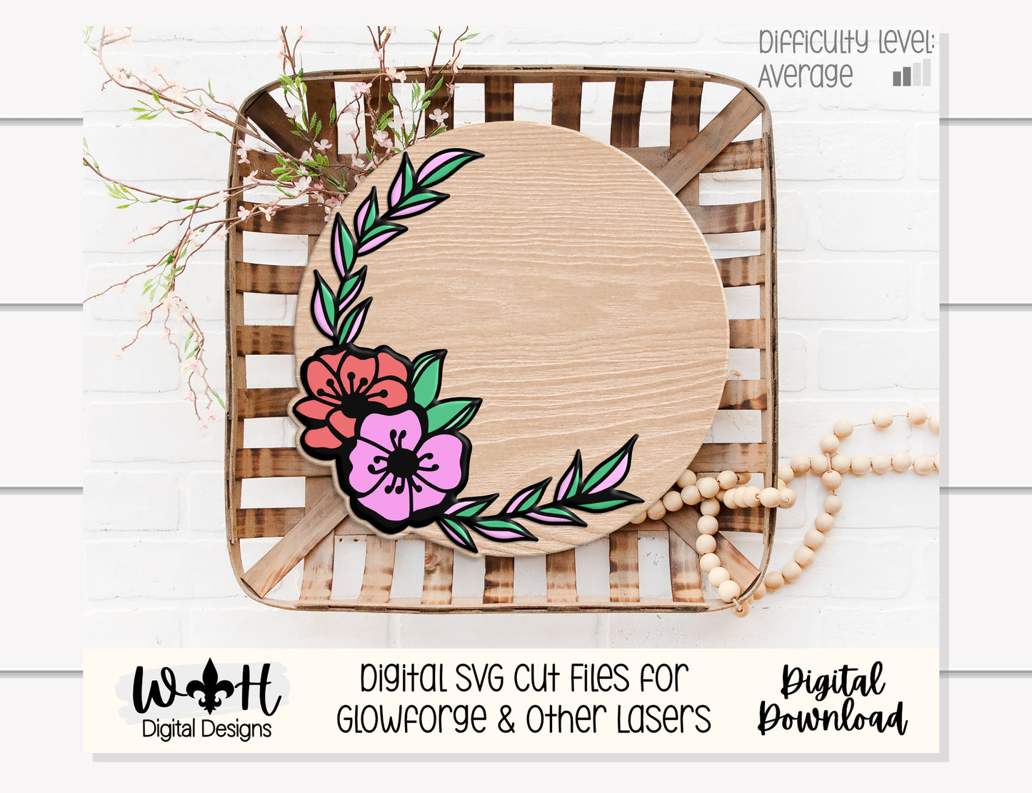 Miranda Paige Outline Floral - Door Hanger Rounds - Sign Making and DIY Kits - Offset Floral Cut File For Glowforge Laser - Digital SVG File
