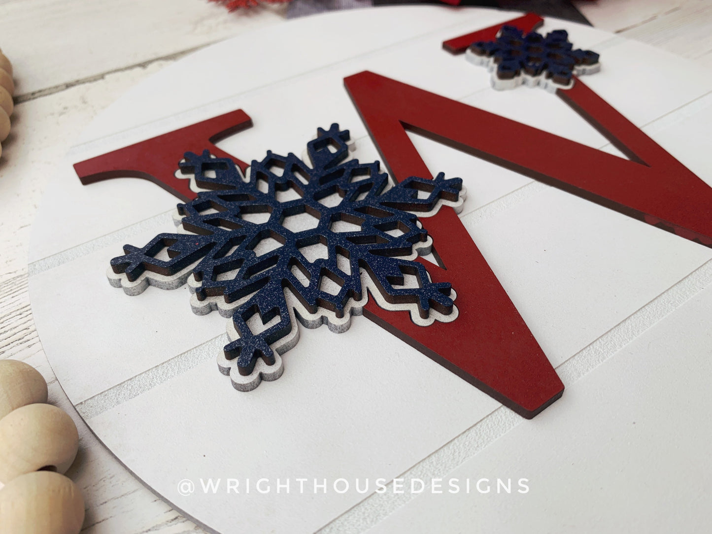 Winter Snowflake Personalized Monogram Family Name - Laser Cut Wooden Shiplap Round Sign - Rustic Farmhouse - Southern Style Bookshelf Decor