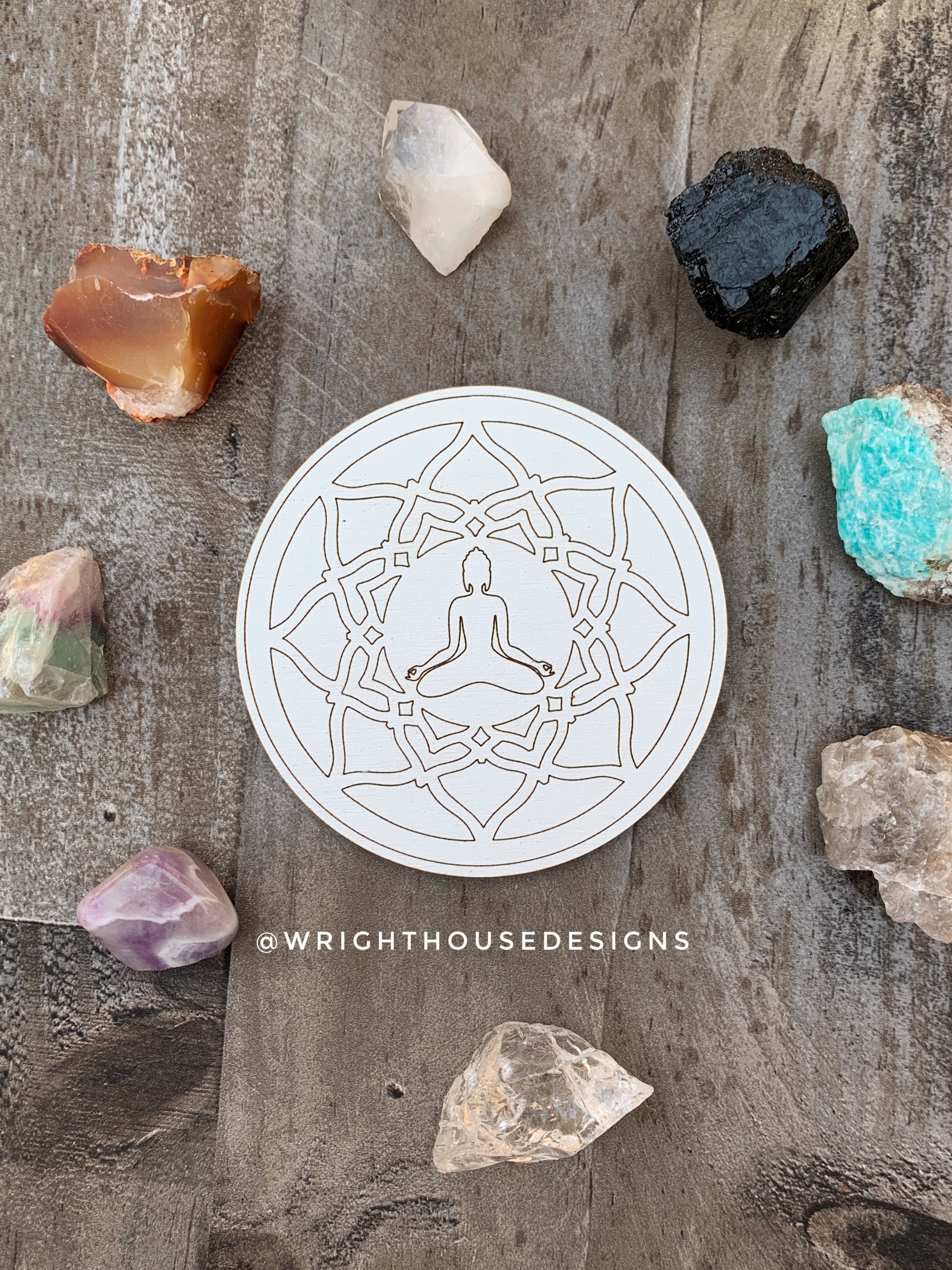 Buddha Mandala - Wood Crystal Grid - Coaster - Coffee and Tea - Yoga and Meditation Guide
