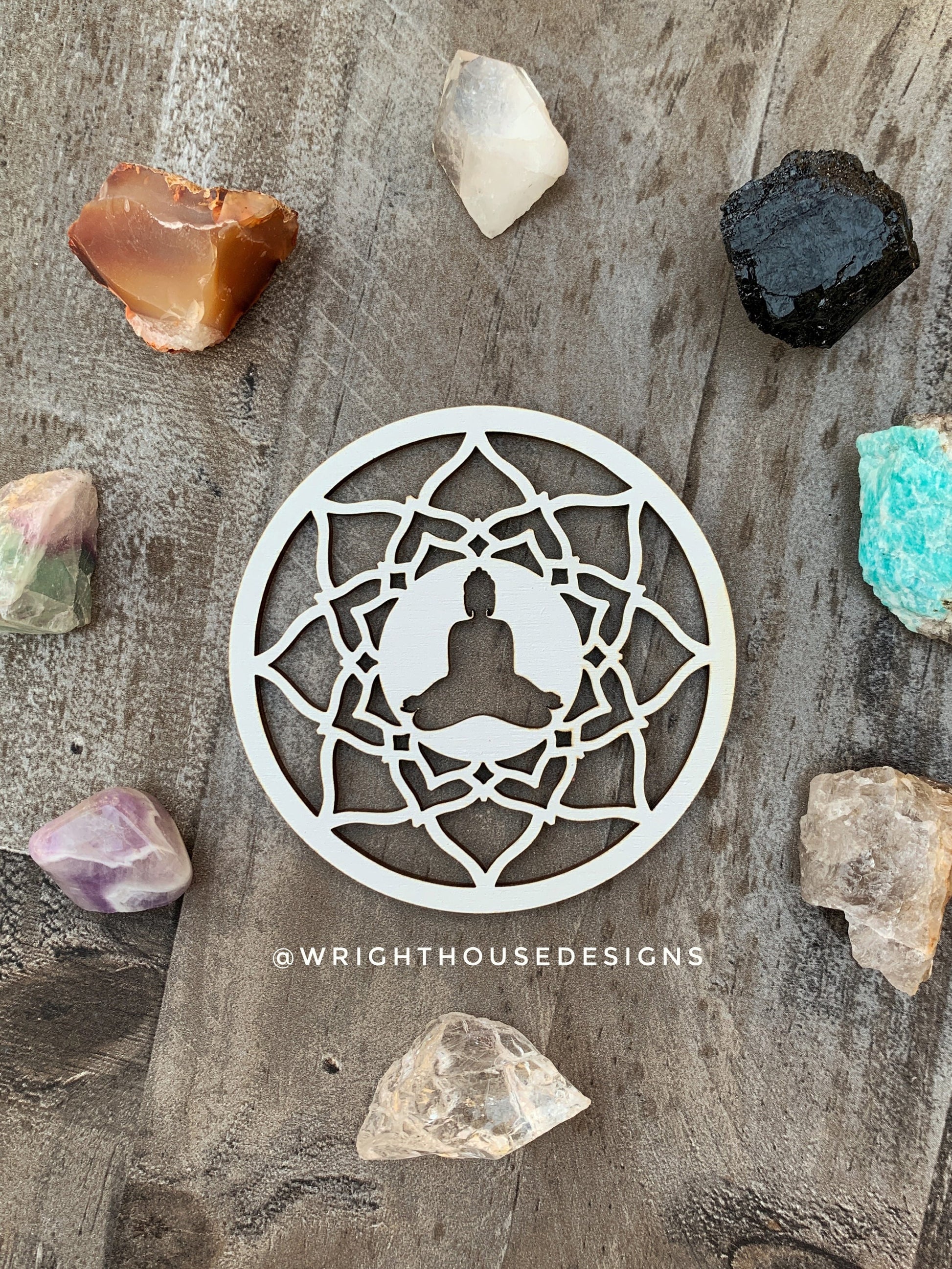 Buddha Mandala - Wood Crystal Grid - Coaster - Coffee and Tea - Yoga and Meditation Guide