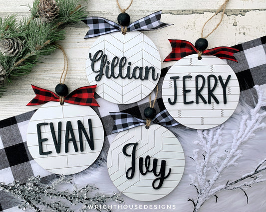 Custom Name Pattern Monogram Ornament - Farmhouse Minimalist Christmas Tree Ornament - Round Shiplap Stocking Tag - Holiday Gift for Couples