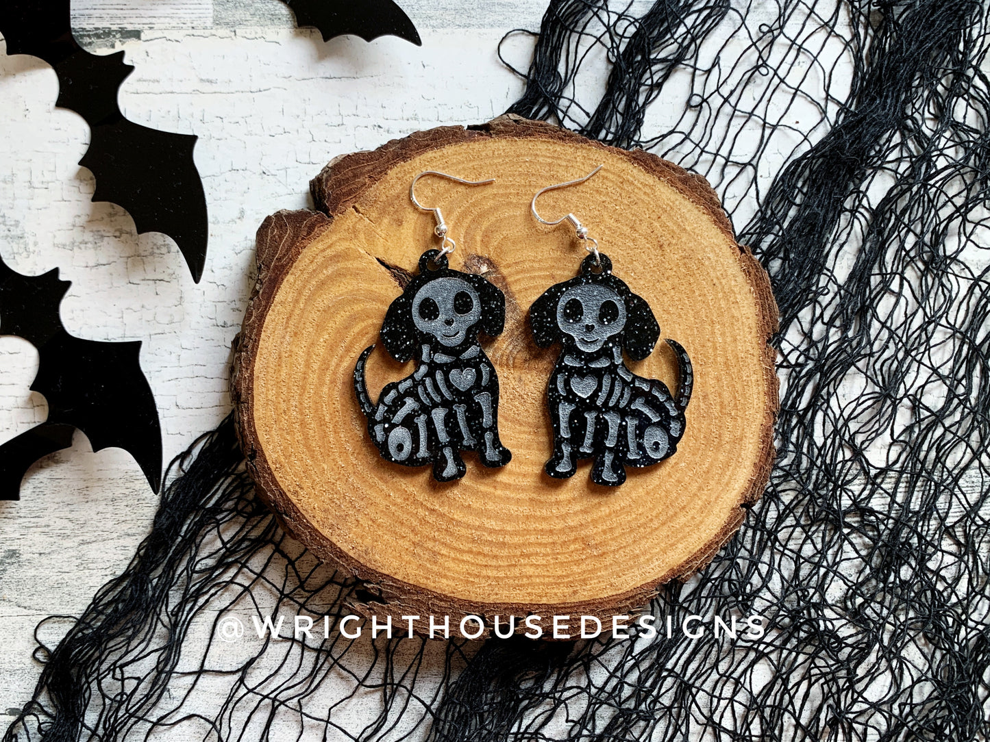 Skeleton Puppy Dogs - Halloween Earrings - Glitter Black Acrylic Handmade Jewelry