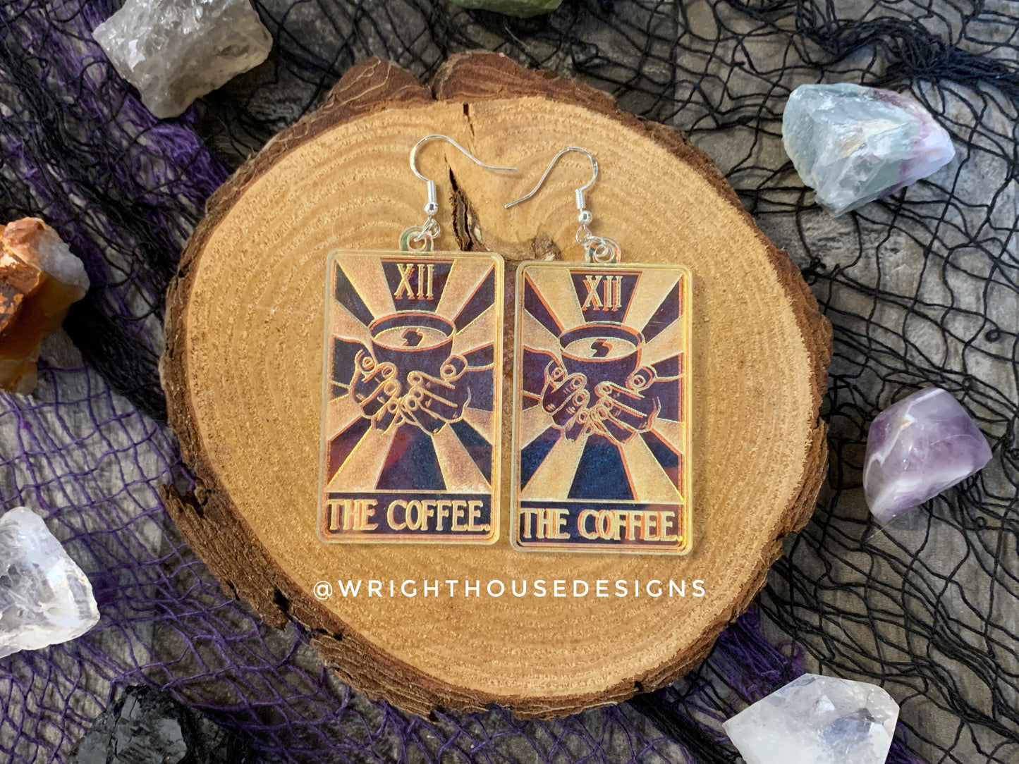 The Coffee Tarot Card Witchy Halloween Earrings - Engraved Iridescent Acrylic Handmade Jewelry