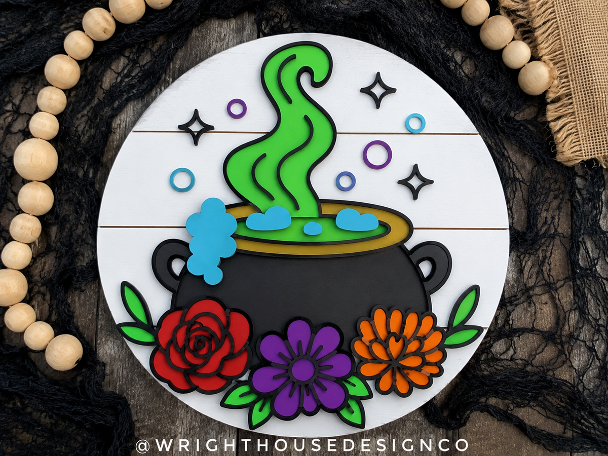 Whimsical Witch Cauldron Floral Round - Halloween Door Hanger - Seasonal Sign Making and DIY Kits - Digital SVG Cut File For Glowforge Laser