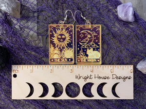 The Sun and The Moon Tarot Card Witchy Halloween Earrings - Engraved Iridescent Acrylic Handmade Jewelry
