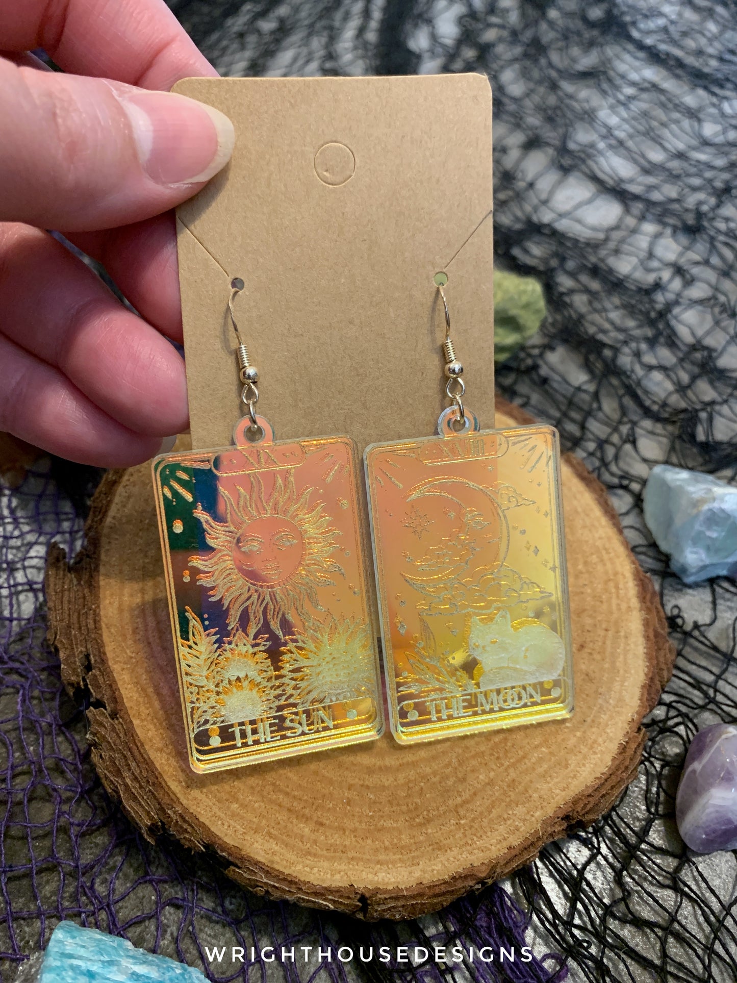 The Sun and The Moon Tarot Card Witchy Halloween Earrings - Engraved Iridescent Acrylic Handmade Jewelry