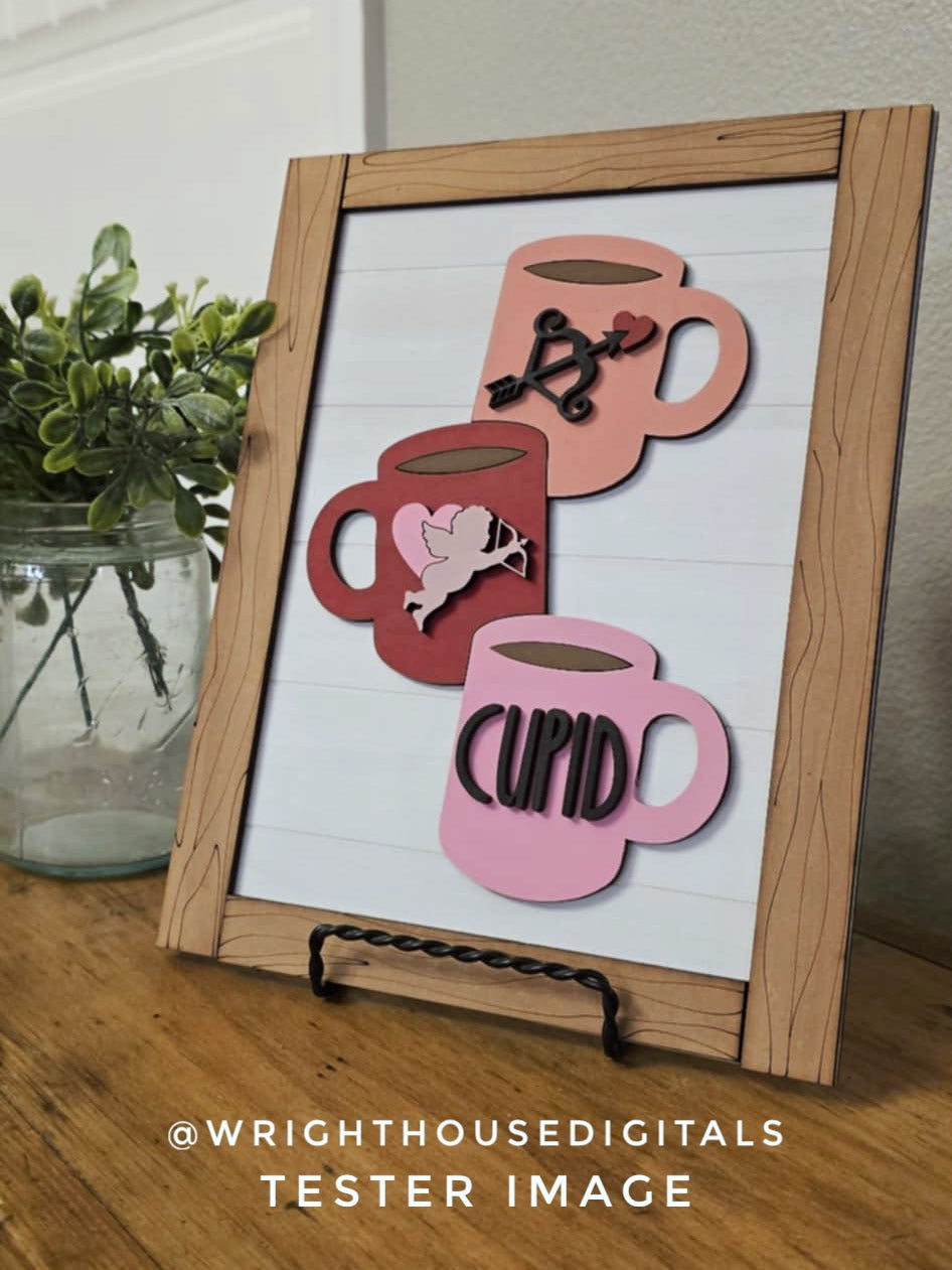 Cupid Stacked Coffee Mug Farmhouse Frame Sign - Valentine's Tier Tray Decor and DIY Kits - Cut File For Glowforge Lasers - Digital SVG File