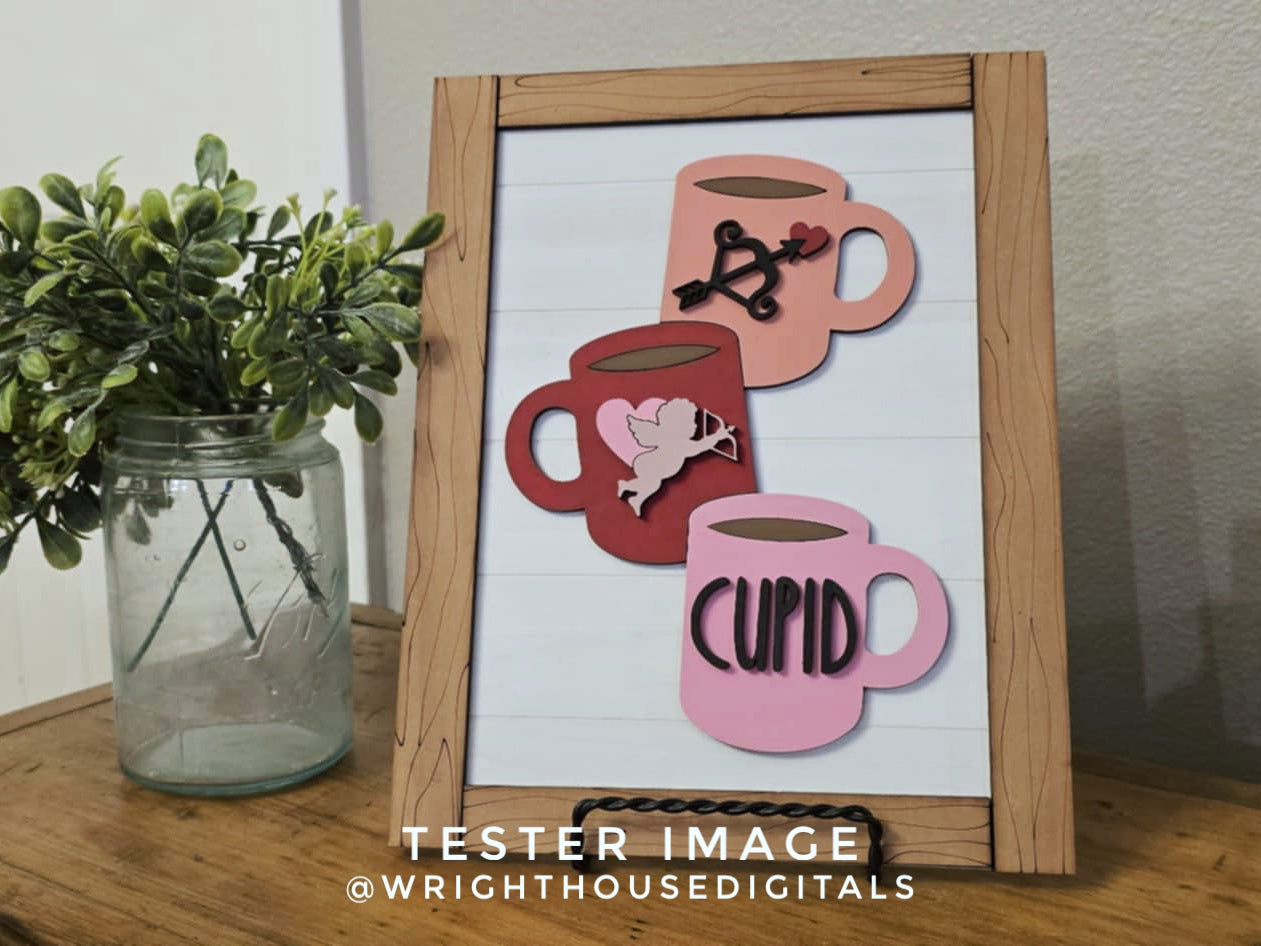 Cupid Stacked Coffee Mug Farmhouse Frame Sign - Valentine's Tier Tray Decor and DIY Kits - Cut File For Glowforge Lasers - Digital SVG File