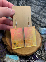 Load image into Gallery viewer, The Cup Tarot Card Witchy Halloween Earrings - Engraved Iridescent Acrylic Handmade Jewelry
