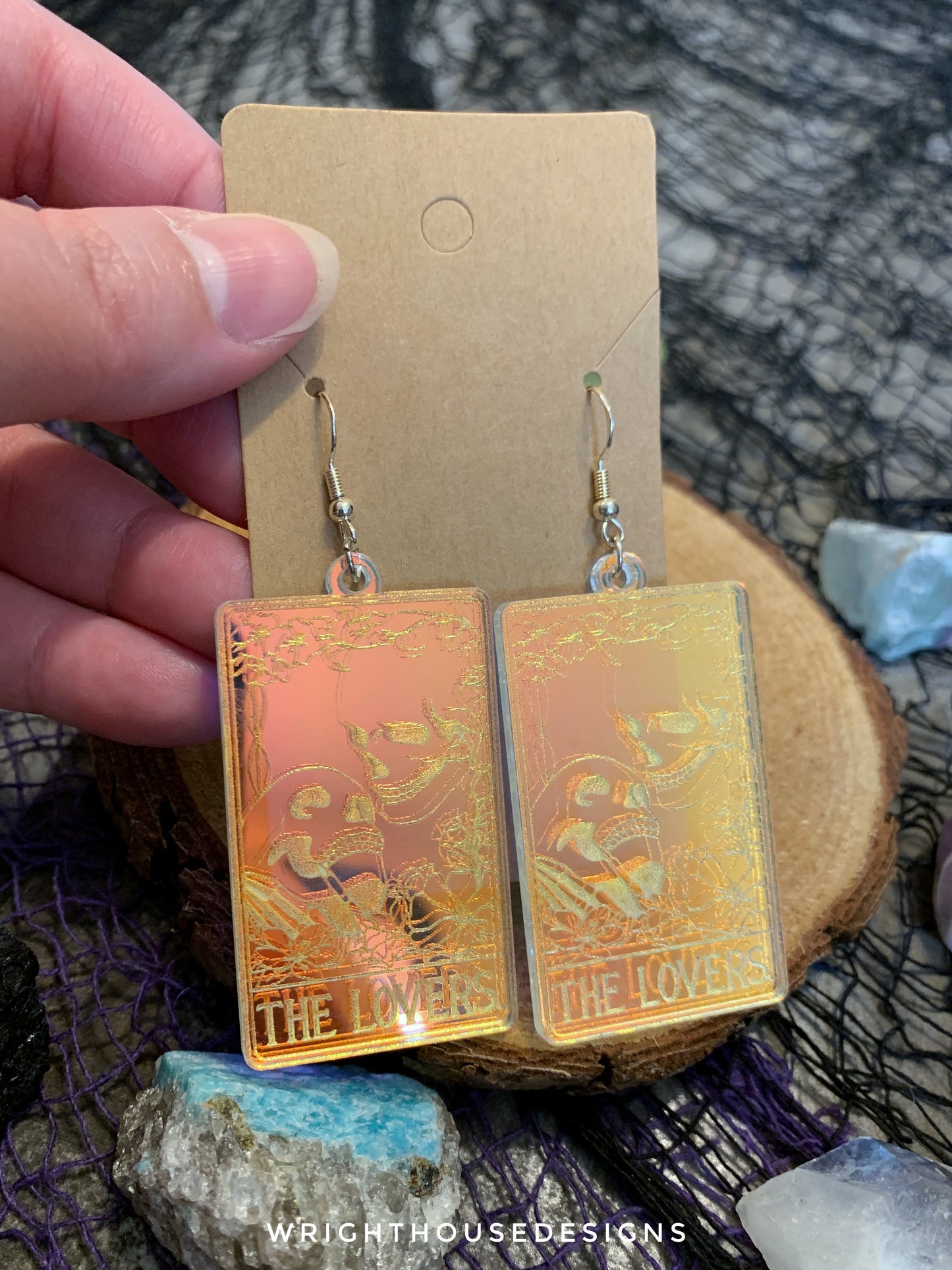 The Lovers Tarot Card Witchy Halloween Earrings - Engraved Iridescent Acrylic Handmade Jewelry