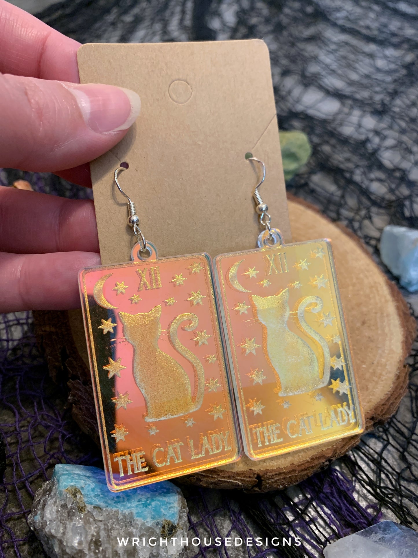 The Cat Lady Tarot Card Witchy Halloween Earrings - Engraved Iridescent Acrylic Handmade Jewelry