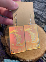 Load image into Gallery viewer, The Gems Tarot Card Witchy Halloween Earrings - Engraved Iridescent Acrylic Handmade Jewelry
