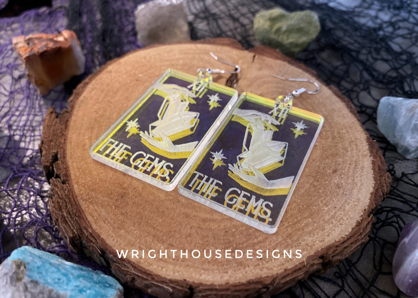 The Gems Tarot Card Witchy Halloween Earrings - Engraved Iridescent Acrylic Handmade Jewelry