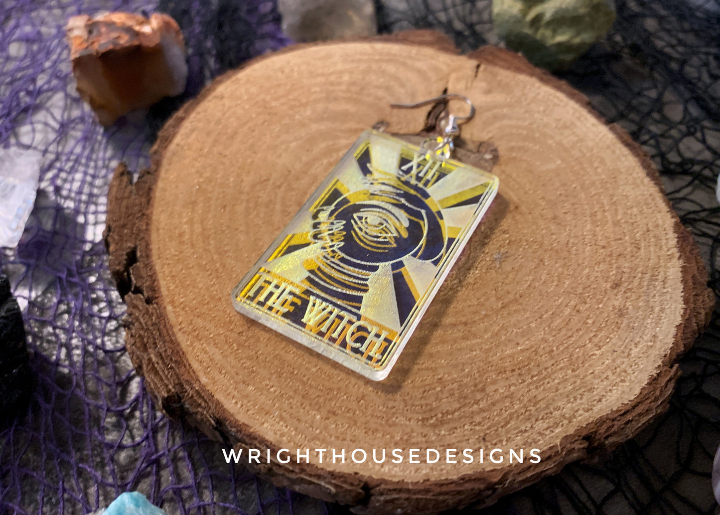 The Witch Tarot Card Witchy Halloween Earrings - Engraved Iridescent Acrylic Handmade Jewelry