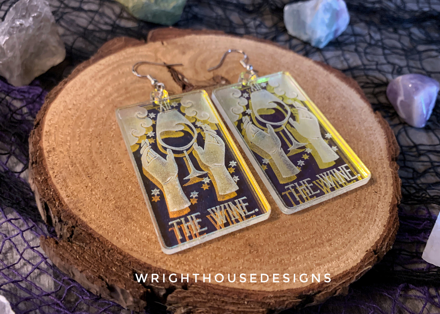 The Wine Tarot Card Witchy Halloween Earrings - Engraved Iridescent Acrylic Handmade Jewelry