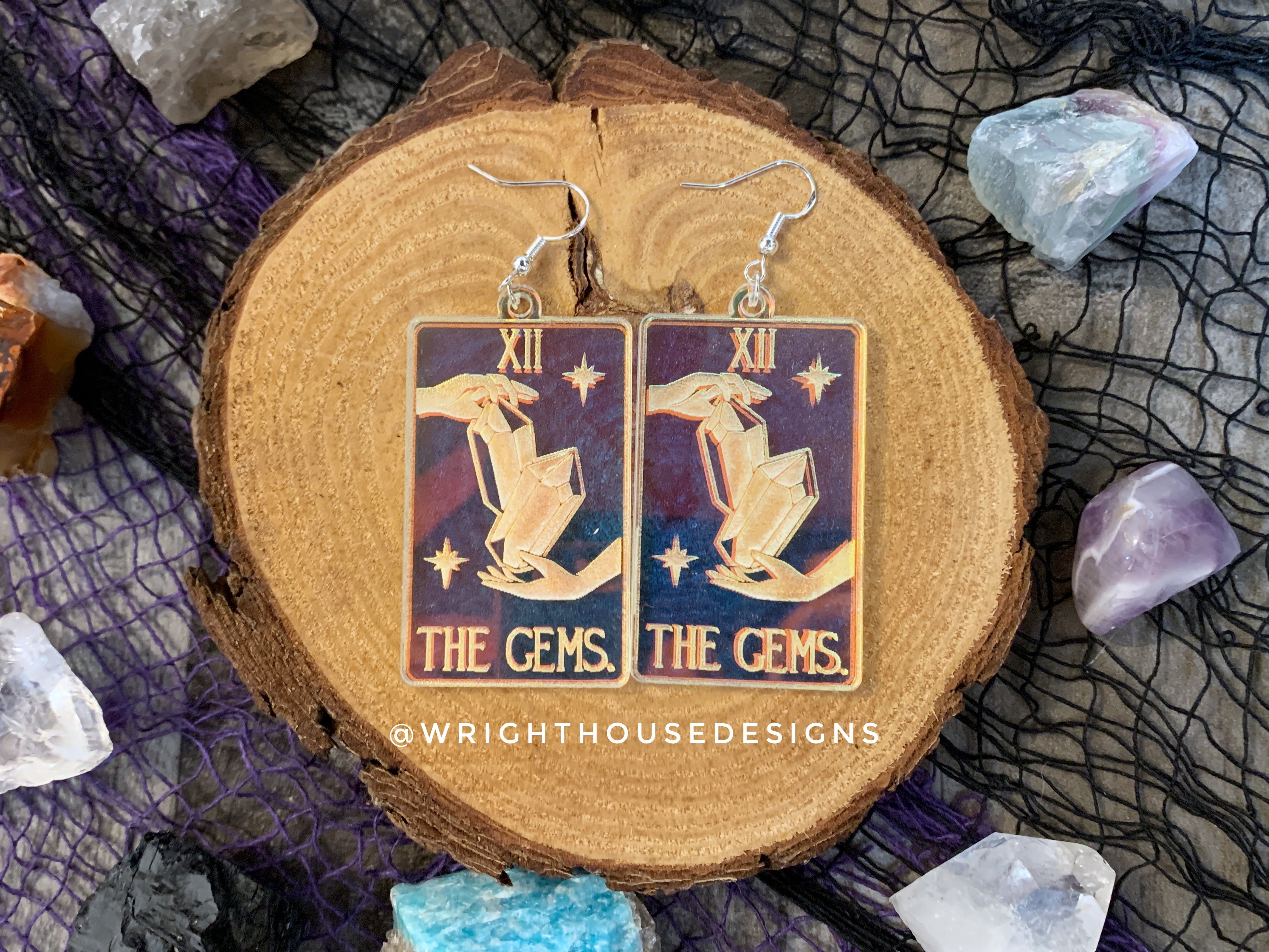 The Gems Tarot Card Witchy Halloween Earrings - Engraved Iridescent Acrylic Handmade Jewelry