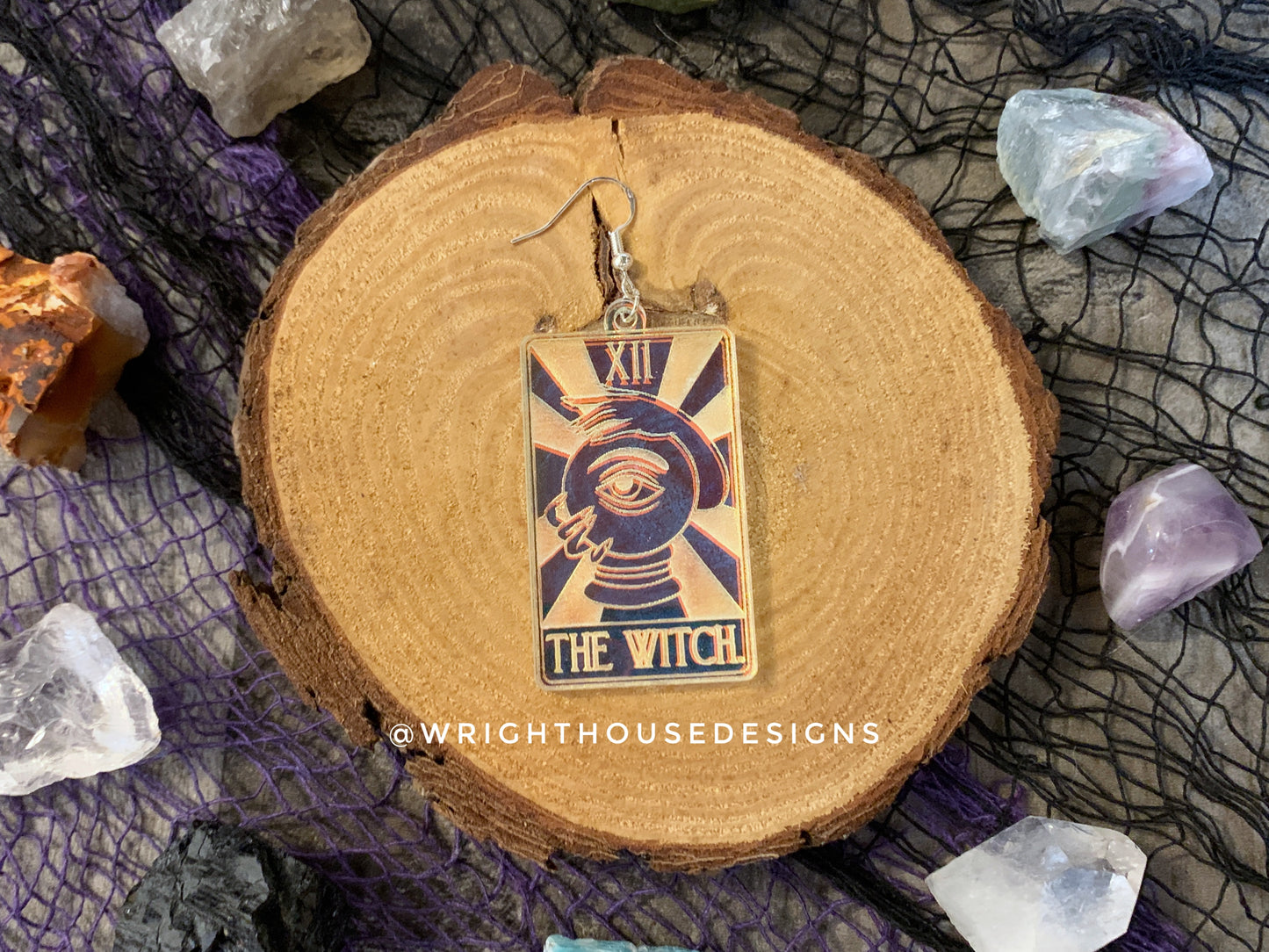 The Witch Tarot Card Witchy Halloween Earrings - Engraved Iridescent Acrylic Handmade Jewelry