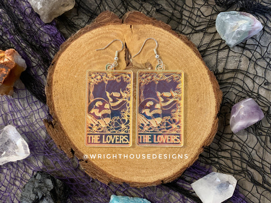 The Lovers Tarot Card Witchy Halloween Earrings - Engraved Iridescent Acrylic Handmade Jewelry