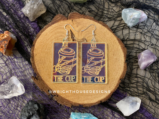 The Cup Tarot Card Witchy Halloween Earrings - Engraved Iridescent Acrylic Handmade Jewelry