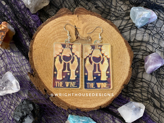 The Wine Tarot Card Witchy Halloween Earrings - Engraved Iridescent Acrylic Handmade Jewelry