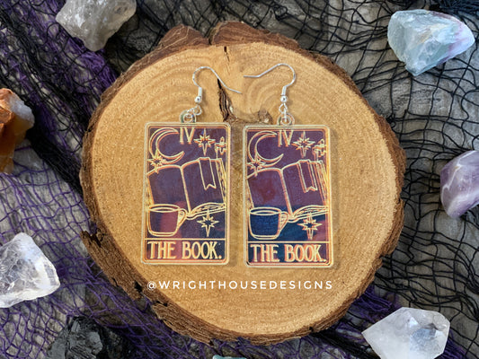 The Book Tarot Card Witchy Halloween Earrings - Engraved Iridescent Acrylic Handmade Jewelry