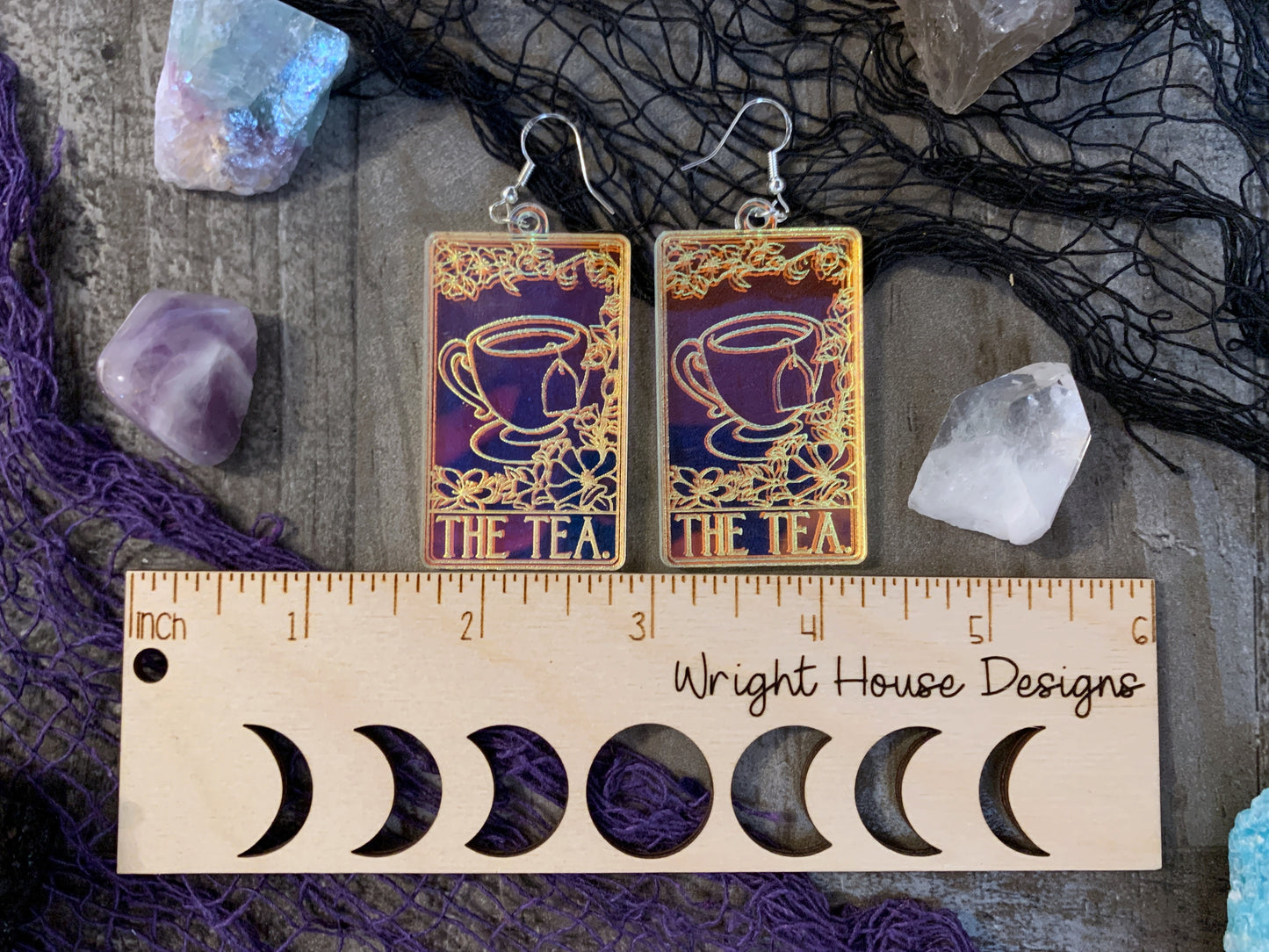 The Tea Tarot Card Witchy Halloween Earrings - Engraved Iridescent Acrylic Handmade Jewelry