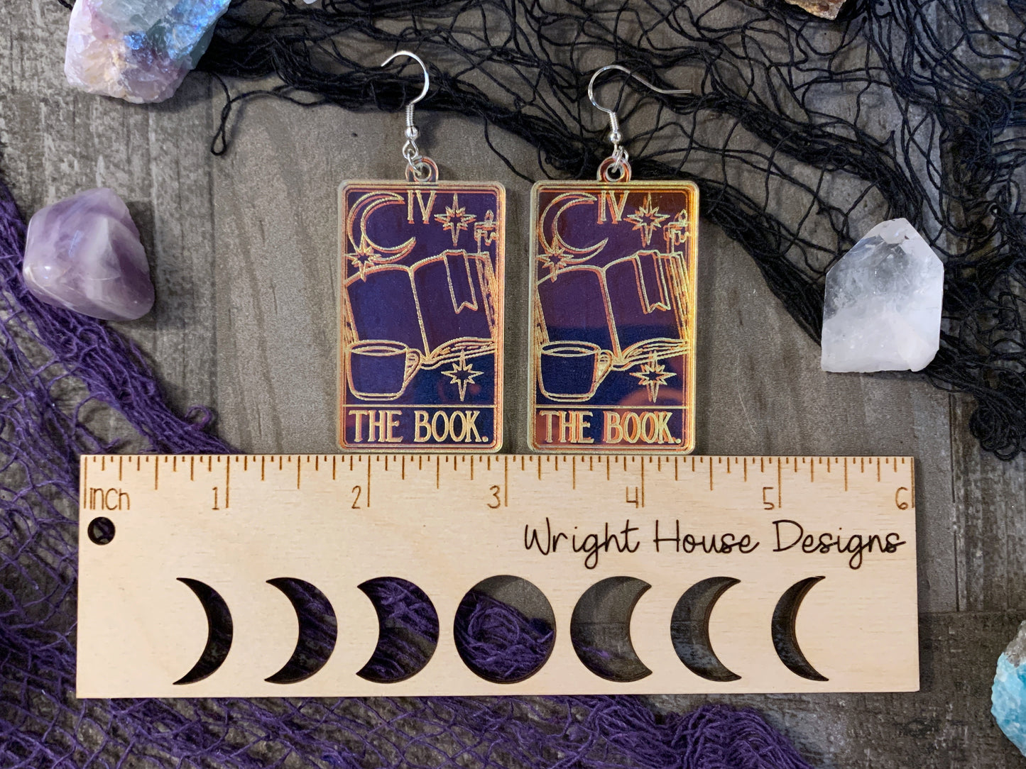 The Book Tarot Card Witchy Halloween Earrings - Engraved Iridescent Acrylic Handmade Jewelry