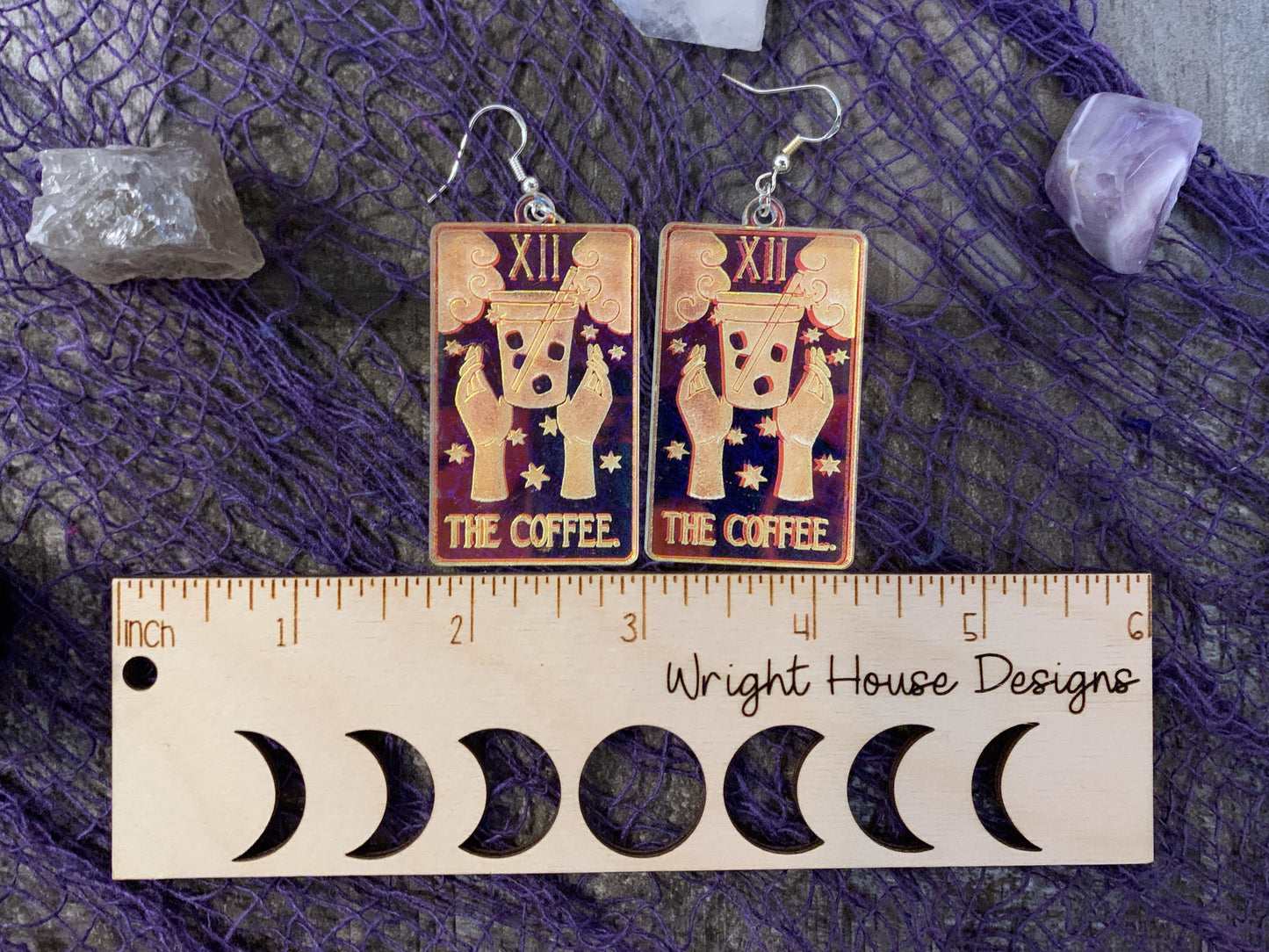 The Iced Coffee Tarot Card Witchy Halloween Earrings - Engraved Iridescent Acrylic Handmade Jewelry