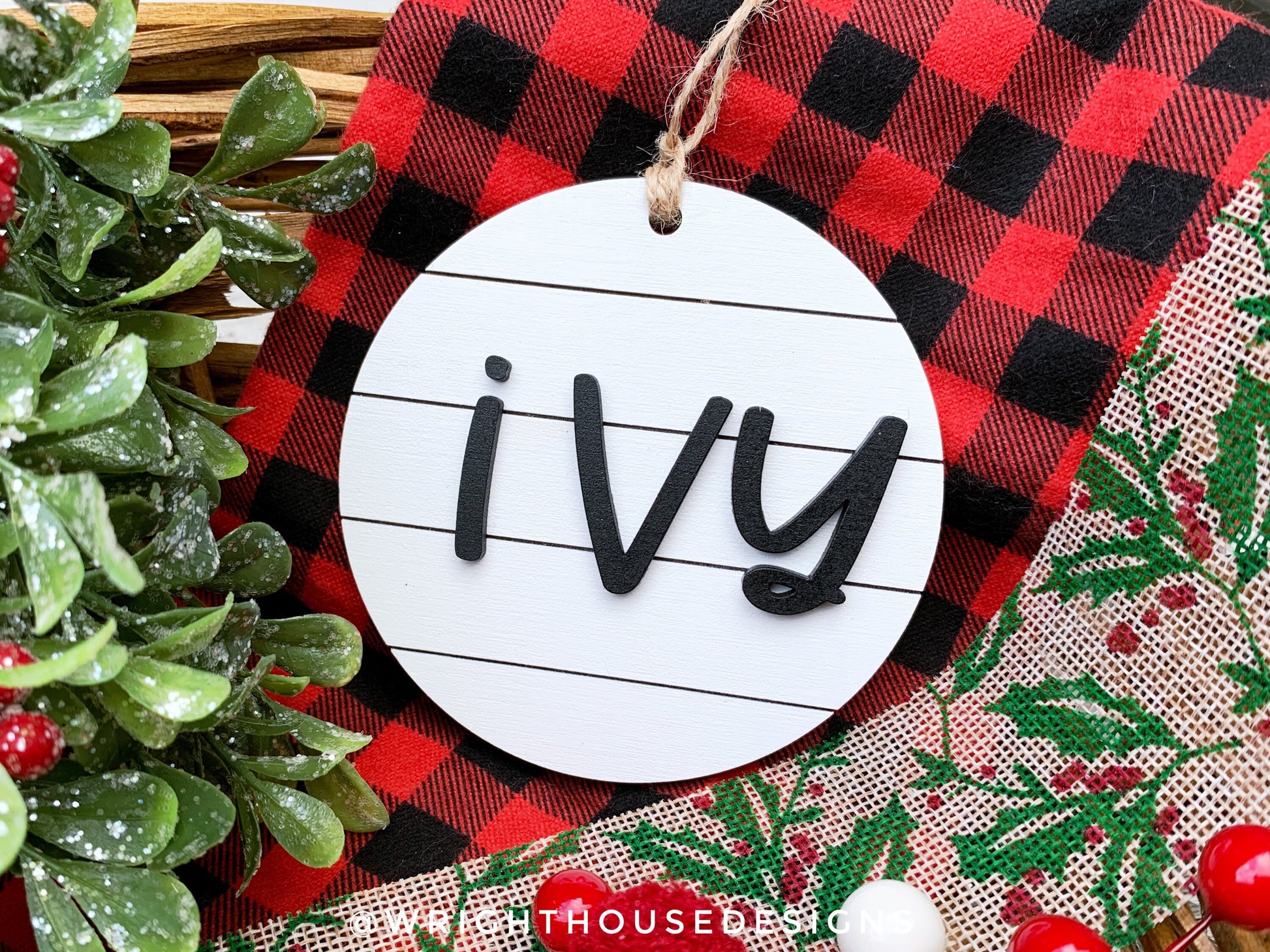 Personalized Farmhouse Christmas Tree Ornament - Wooden Shiplap Stocking Tag - Secret Santa Gift - Holiday Decor