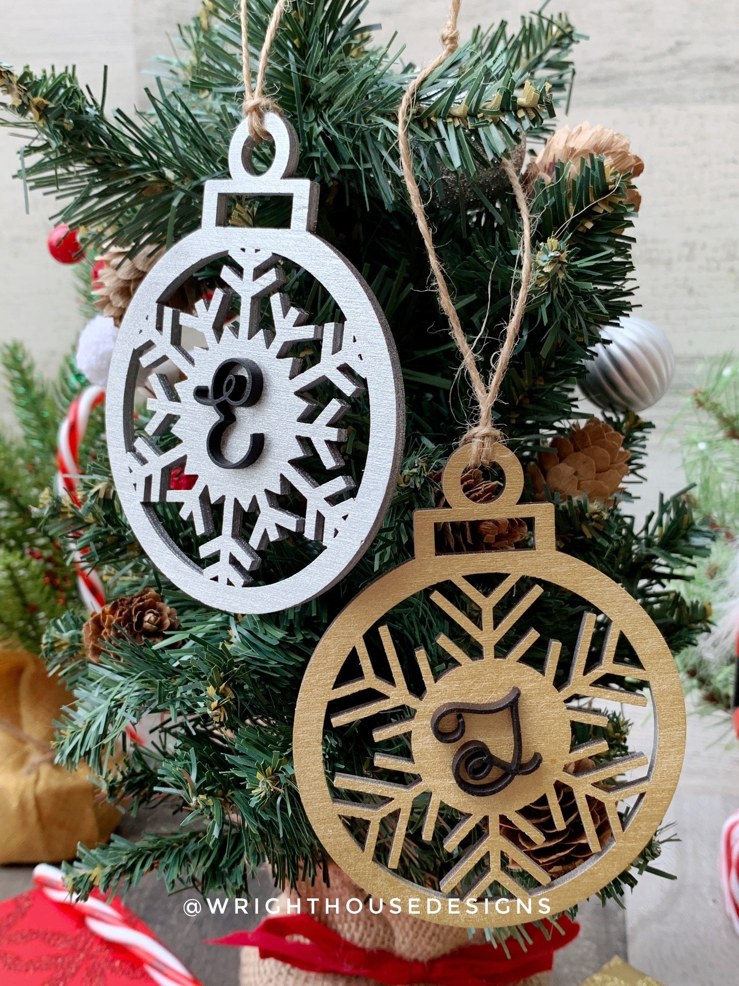 Wooden Monogram Initial Snowflake Christmas Tree Ornament - Custom Letter Stocking Tag - Holiday Gift Bag Tags - Laser Cut Wood Tree Ball