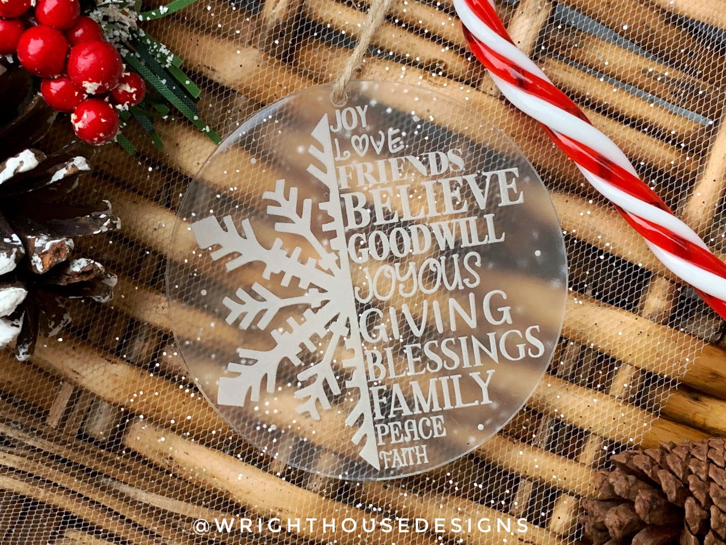 Snow Globe Snowflake - Joy Love Friends Believe - Laser Engraved Frosted Acrylic Christmas Tree Ornament