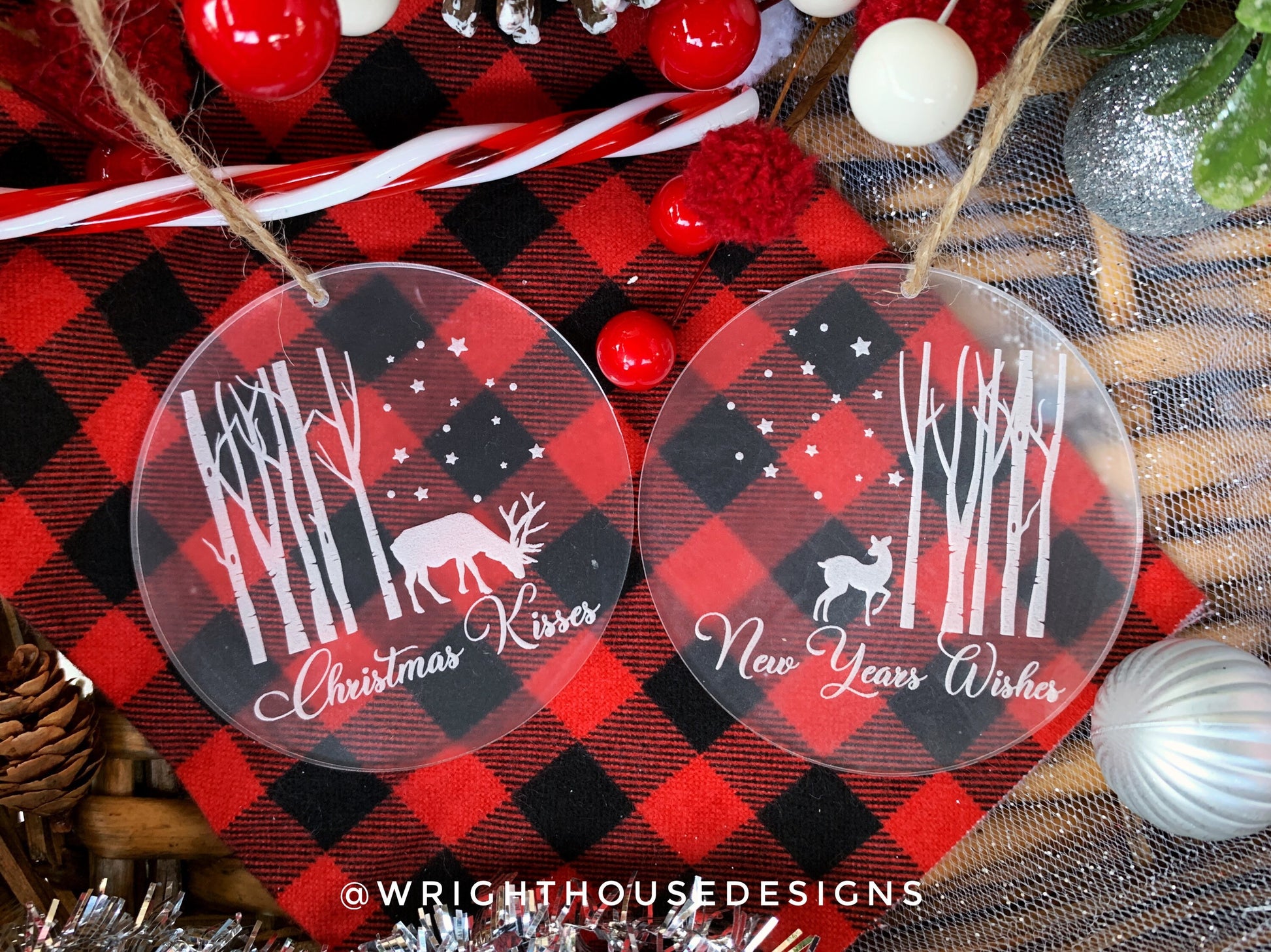 Reindeer Winter Night Sky Wooded Scene - Christmas Kisses - New Years Wishes - Laser Engraved Frosted Acrylic Christmas Tree Ornament Set