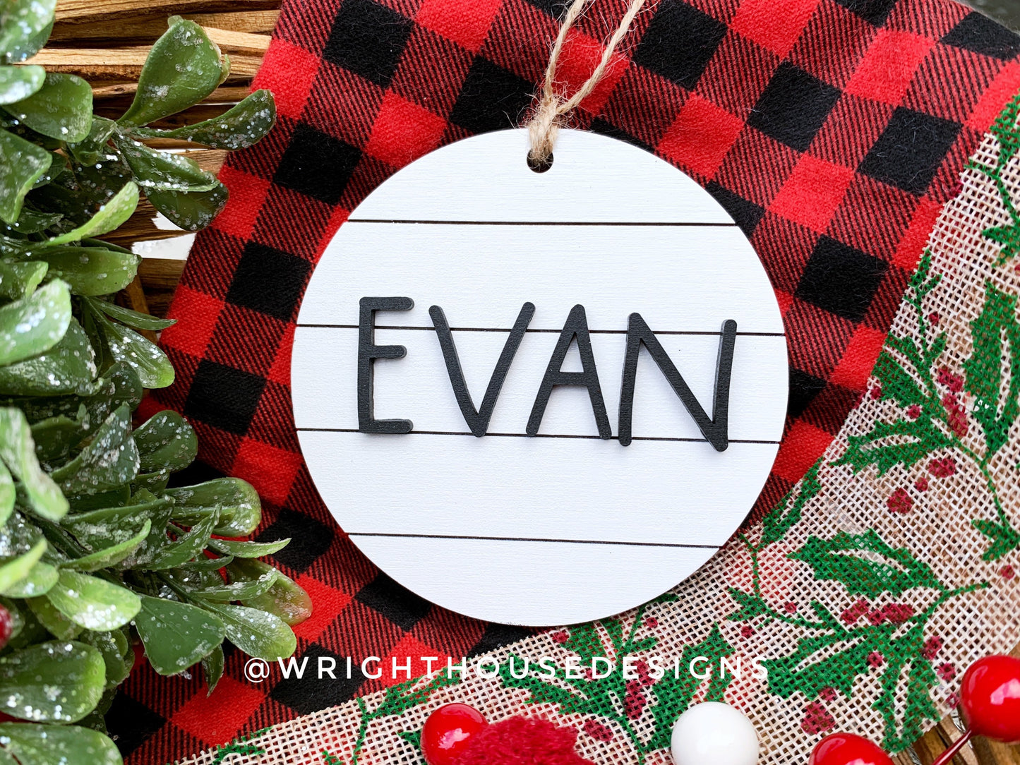 Personalized Farmhouse Christmas Tree Ornament - Wooden Shiplap Stocking Tag - Secret Santa Gift - Holiday Decor