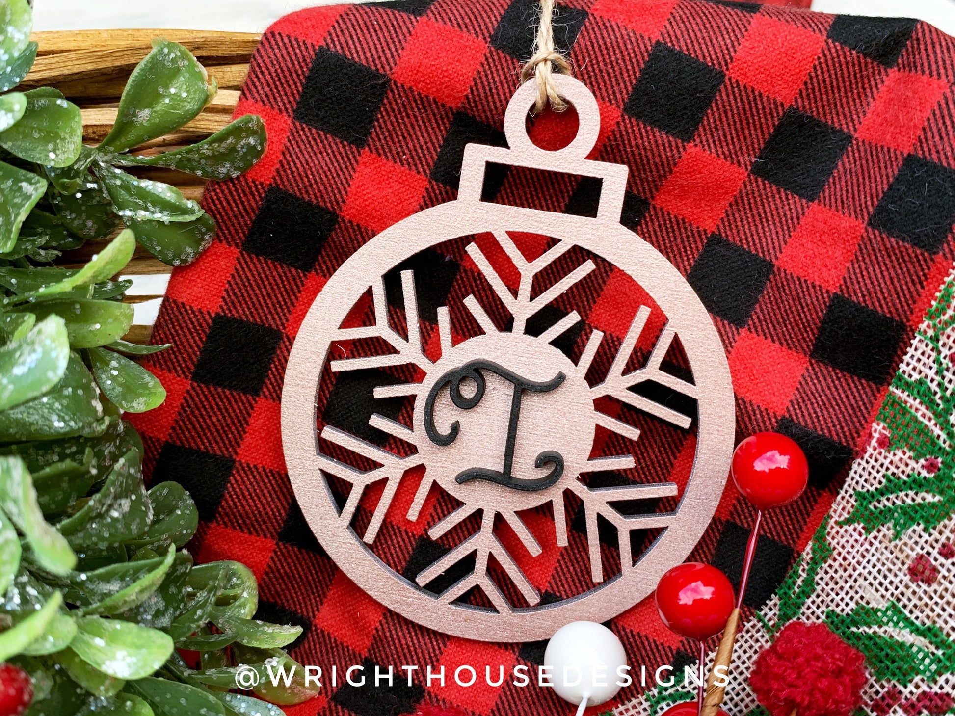 Wooden Monogram Initial Snowflake Christmas Tree Ornament - Custom Letter Stocking Tag - Holiday Gift Bag Tags - Laser Cut Wood Tree Ball