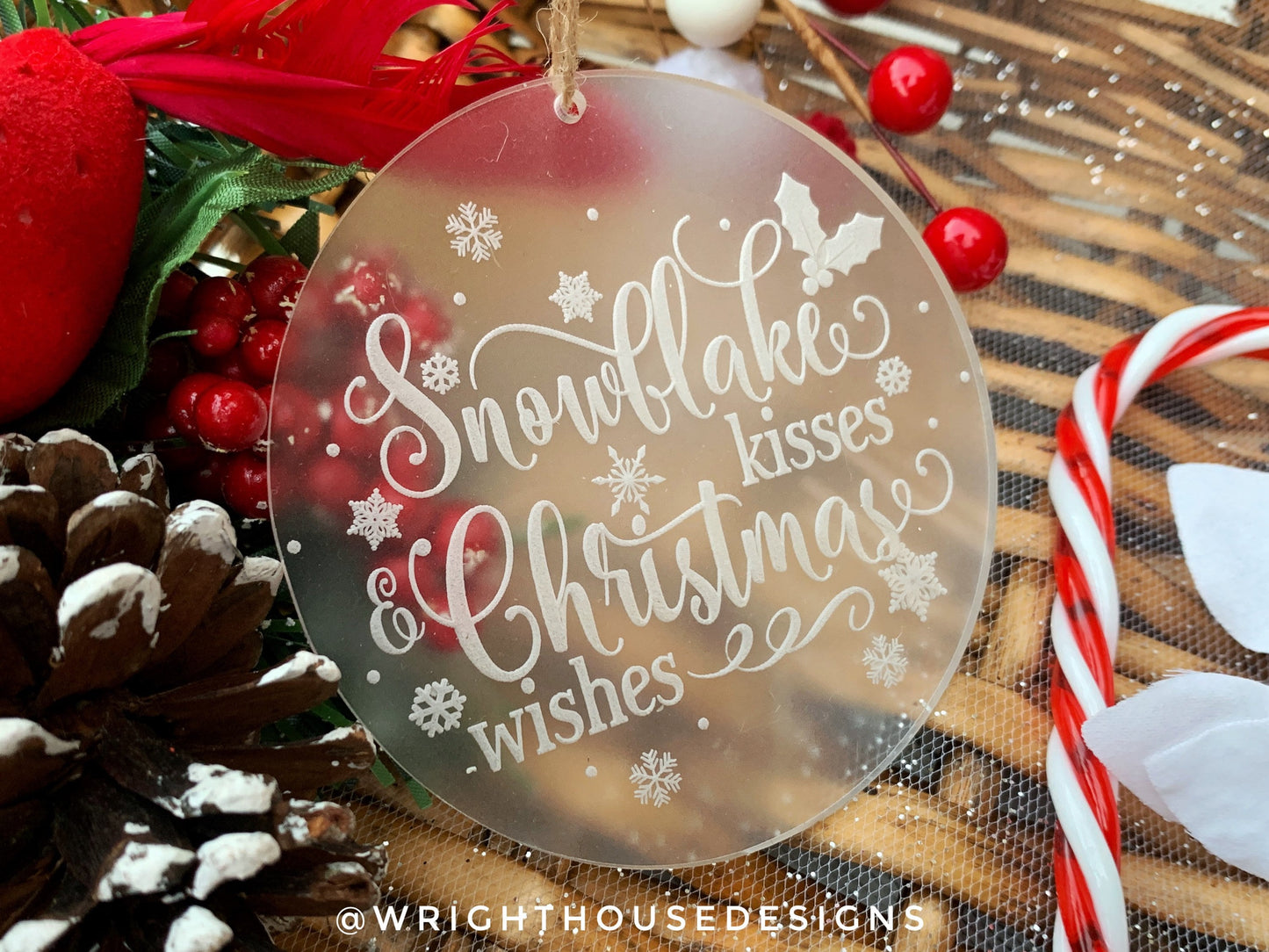 Snowflake Kisses Christmas Wishes - Frosted Acrylic - Christmas Tree ball Ornament