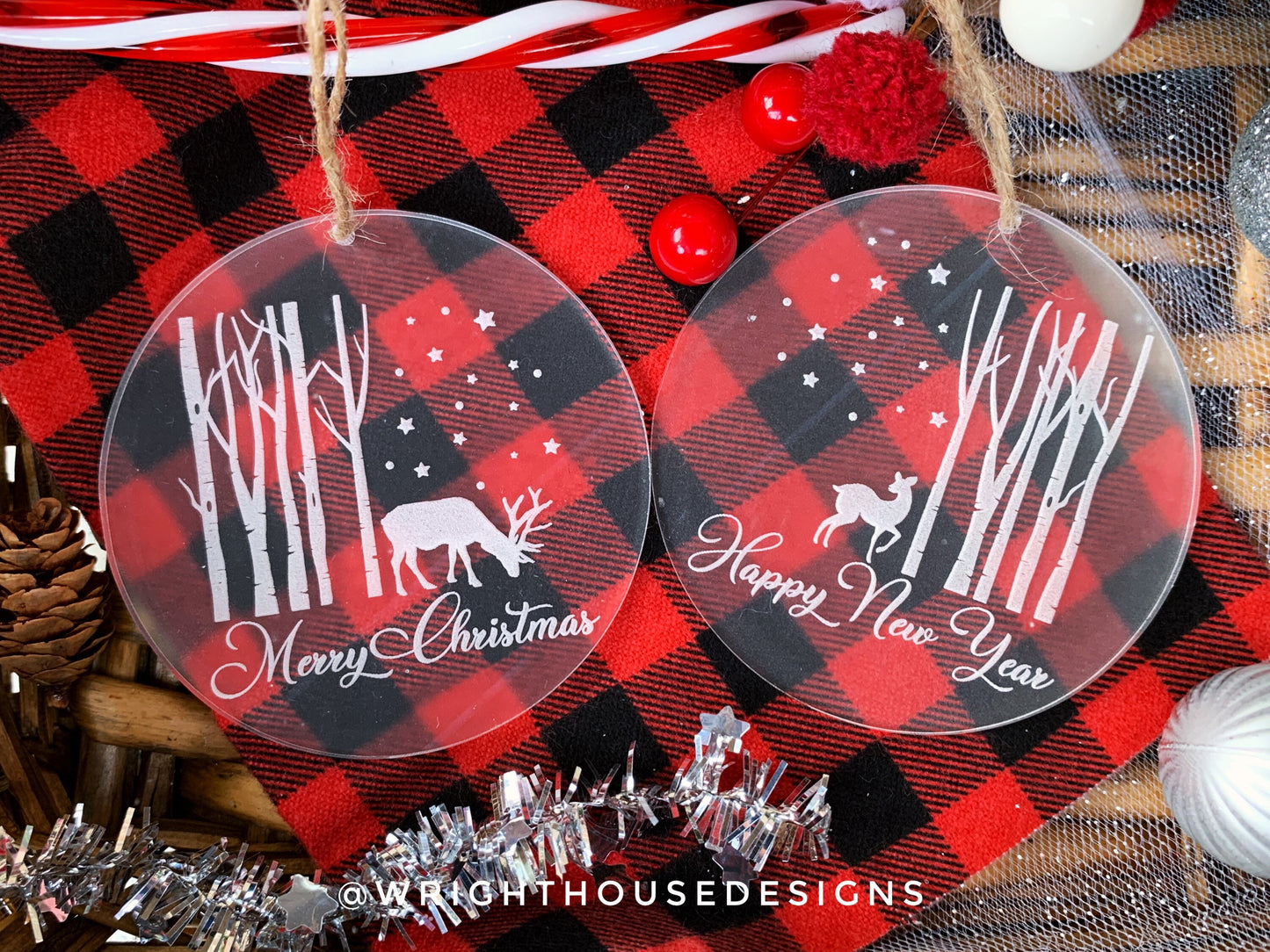 Reindeer Winter Night Sky Wooded Scene - Merry Christmas - Happy New Year - Laser Engraved Frosted Acrylic Christmas Tree Ornament Set