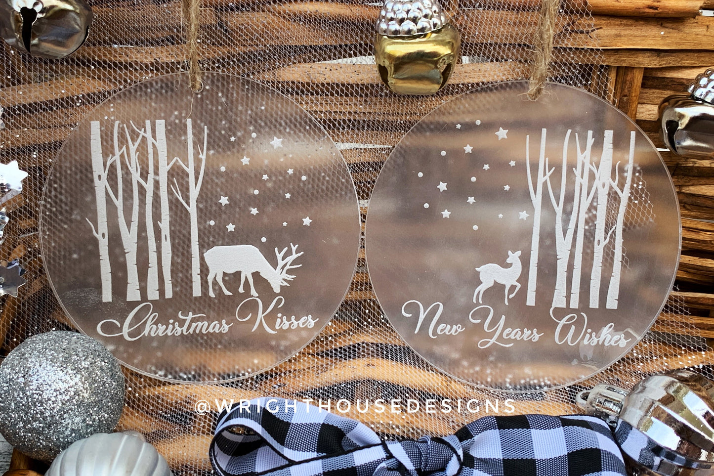 Reindeer Winter Night Sky Wooded Scene - Christmas Kisses - New Years Wishes - Laser Engraved Frosted Acrylic Christmas Tree Ornament Set