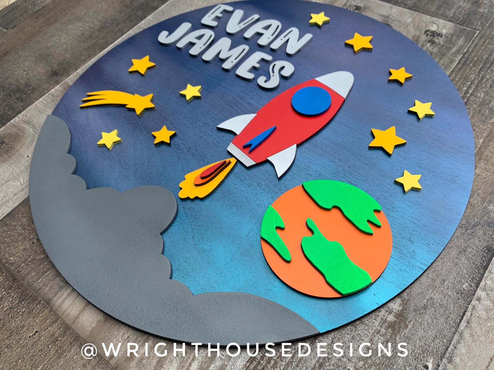 Rocket Ship Blast Off Space Baby Boy Nursery Round - Sign Making Home Decor and DIY Kits - Cut File For Glowforge Lasers - Digital SVG File